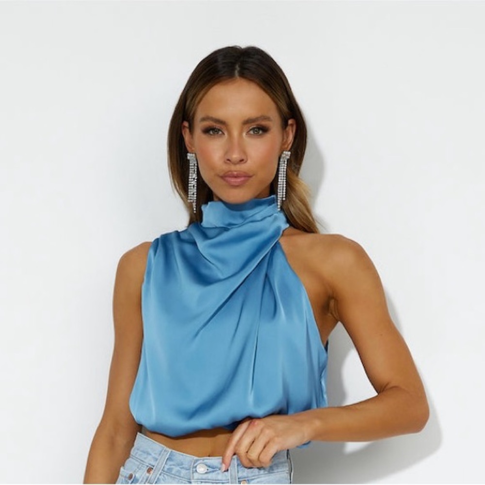 Hello Molly Satin Blue Halter Blouse- New With Tags